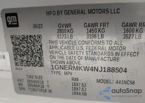 2022 Chevrolet Traverse Fwd 2Fl Cloth z USA, uszkodzony, nr VIN 1GNERMKW4NJ188504